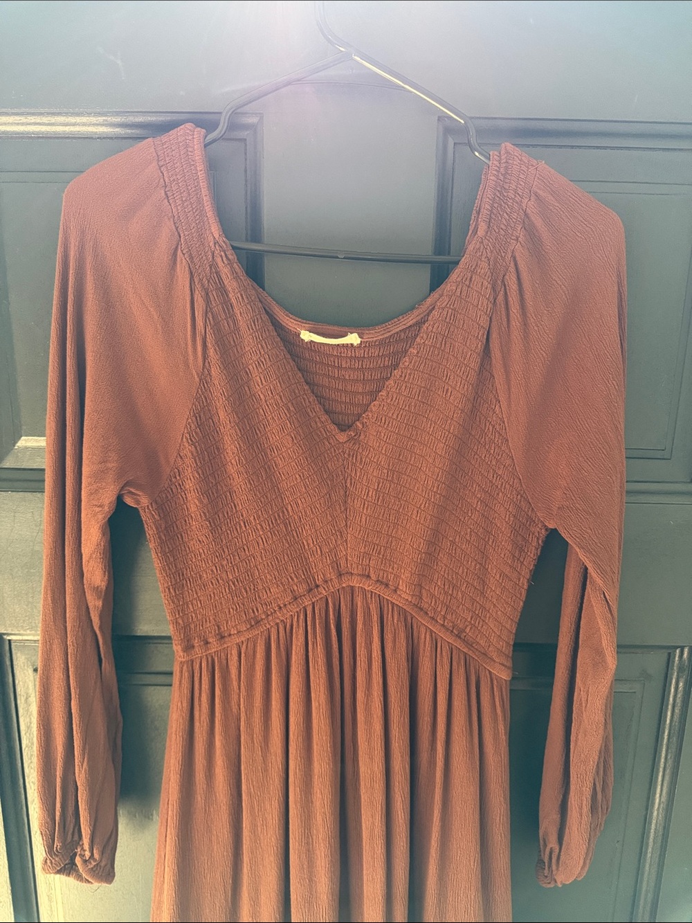 Smocked V-Neck Long Sleeve Maxi Dress - Brown - Picture 3 of 6